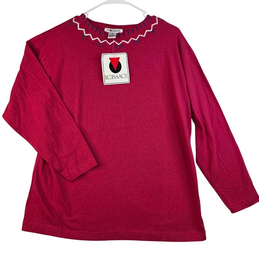 I.C. Isaacs Medium Embroidered Long Sleeve Shirt Red Vintage Deadstock